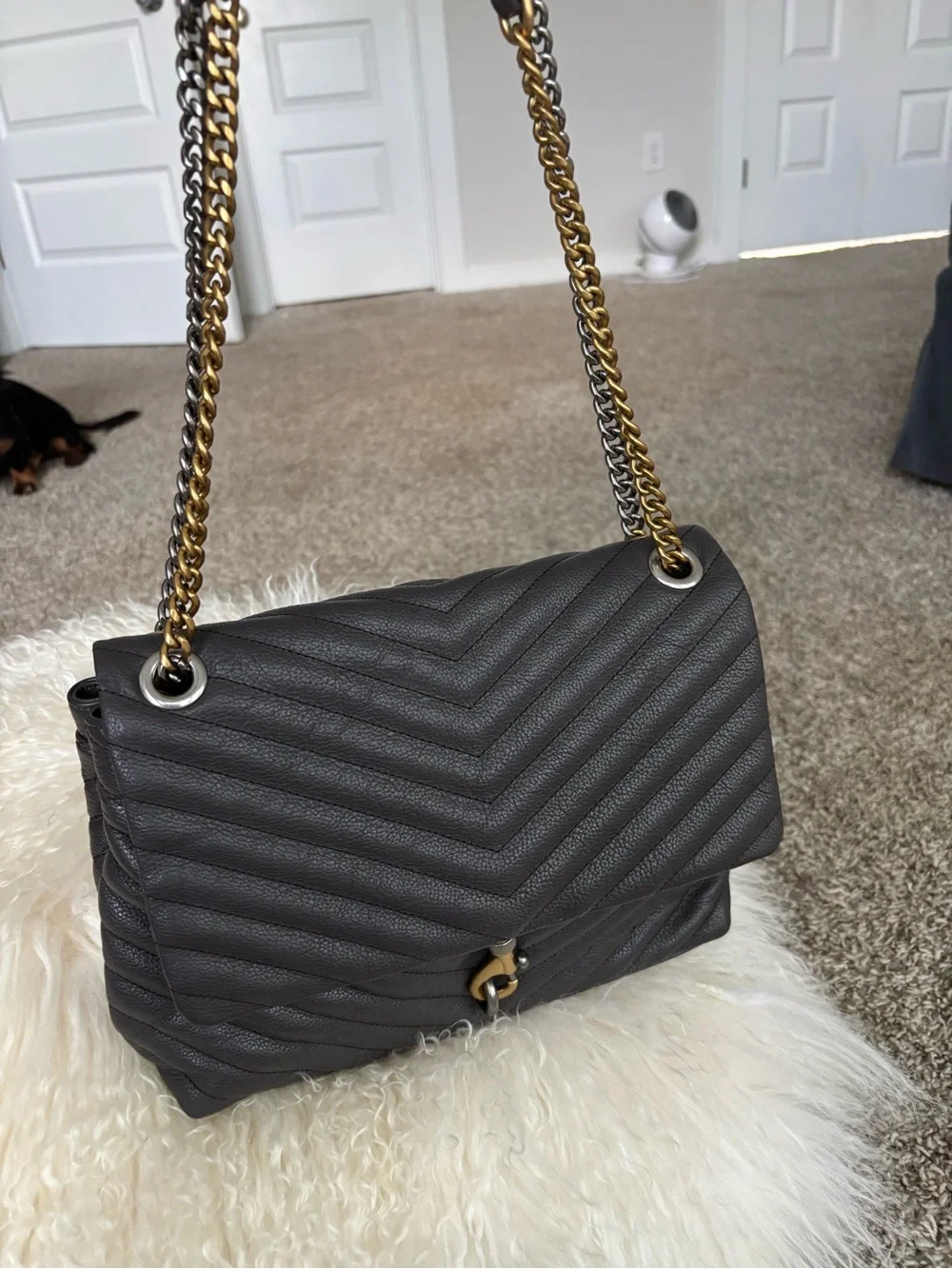 Rebecca Minkoff  pebbled  quilted leather Eddie flap chain  gold silver MINT